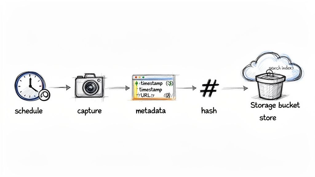 Diagram illustrating a digital archiving workflow: schedule, capture, extract metadata, hash, and store in a cloud bucket.