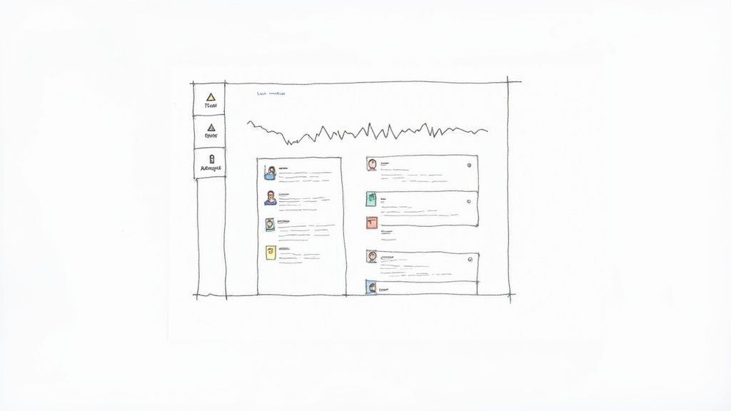 Hand-drawn wireframe sketch of a dashboard interface featuring a line graph and user data cards.