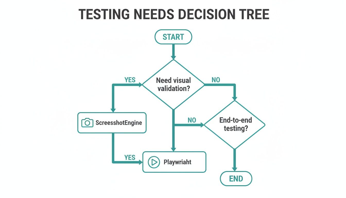 Flowchart for testing needs, guiding users through visual validation, ScreenshotEngine, Playwright, and end-to-end testing.