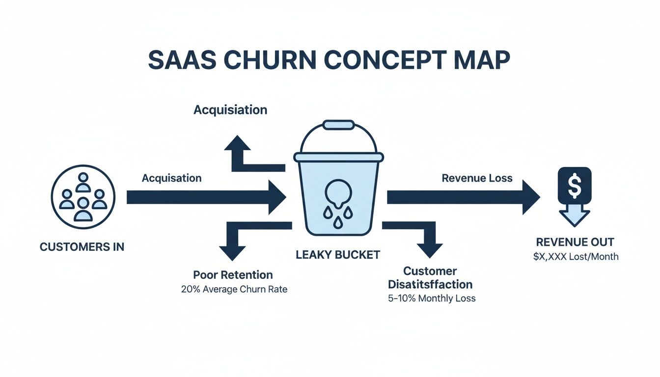 SAAS churn concept map illustrating customer acquisition, the leaky bucket model, and revenue loss.