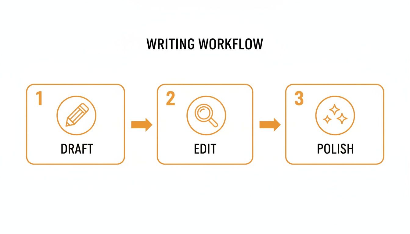 A clear visual shows a three-step writing workflow: Draft (pencil), Edit (magnifying glass), and Polish (sparkles).
