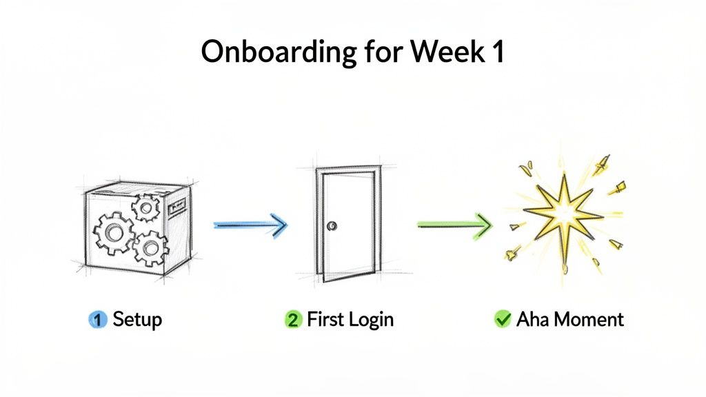 Visual roadmap of a three-step customer onboarding process: Setup, First Login, Aha Moment.