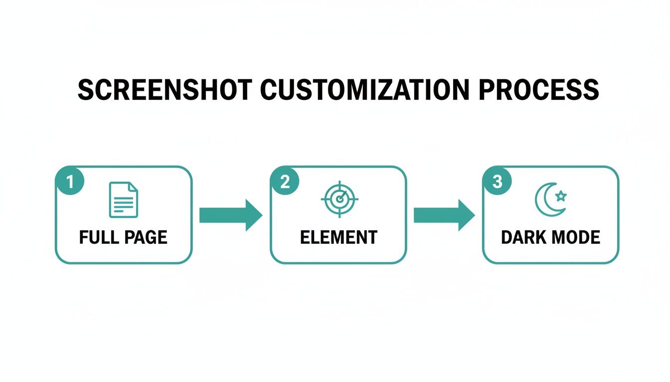 A flowchart illustrates the screenshot customization process, detailing steps for full page, element, and dark mode.