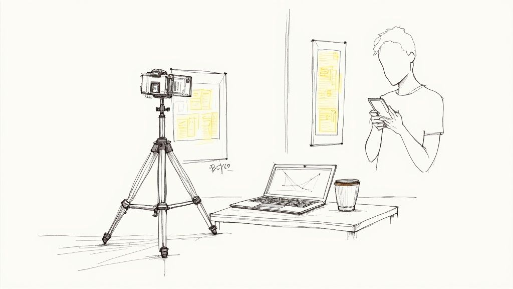 A sketch showing a camera on a tripod, a laptop, coffee, and a person using a smartphone.