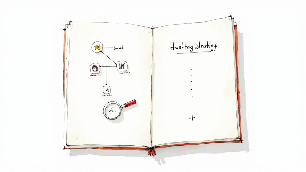 A hand-drawn diagram in an open notebook illustrating a hashtag strategy with different categories and a search icon.