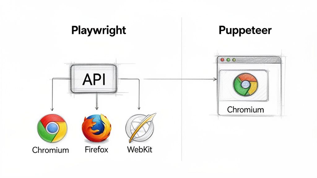 Diagram illustrating Playwright's API supporting Chromium, Firefox, and WebKit, compared to Puppeteer's Chromium-only support.