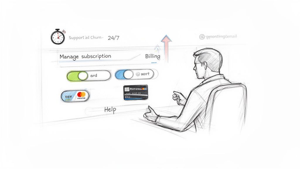 A sketch of a customer self-service portal interface with subscription management, billing, and payment options.