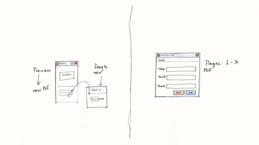 A hand-drawn sketch showing a user interface for PDF management, including preview, drag-and-drop, and print options.