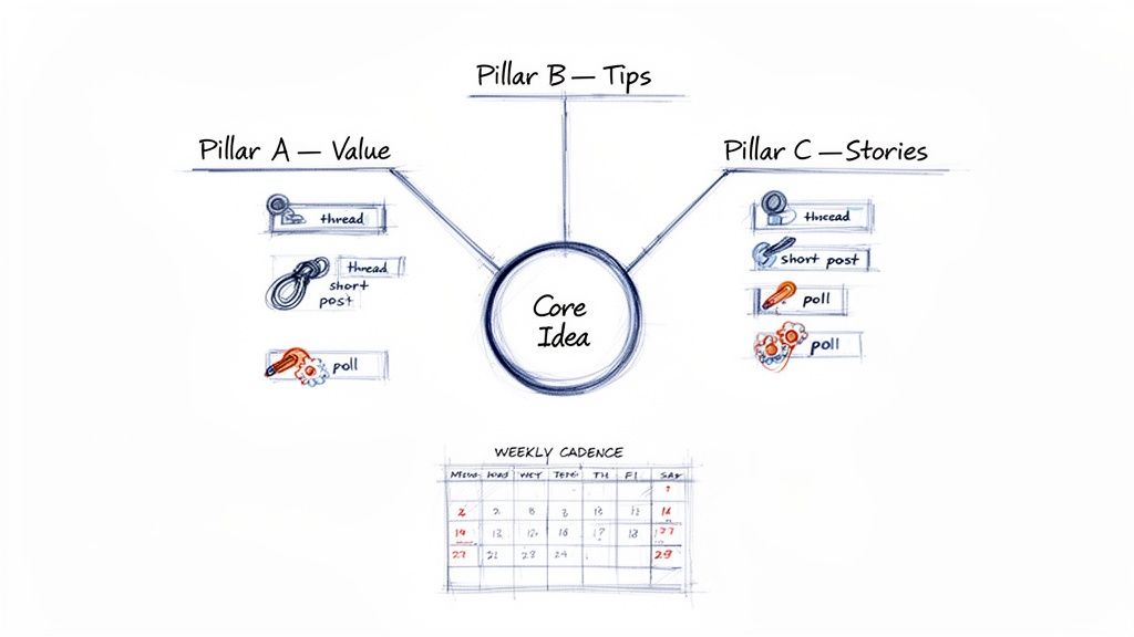 Hand-drawn content strategy map showing a core idea, three content pillars, content formats, and a weekly schedule.