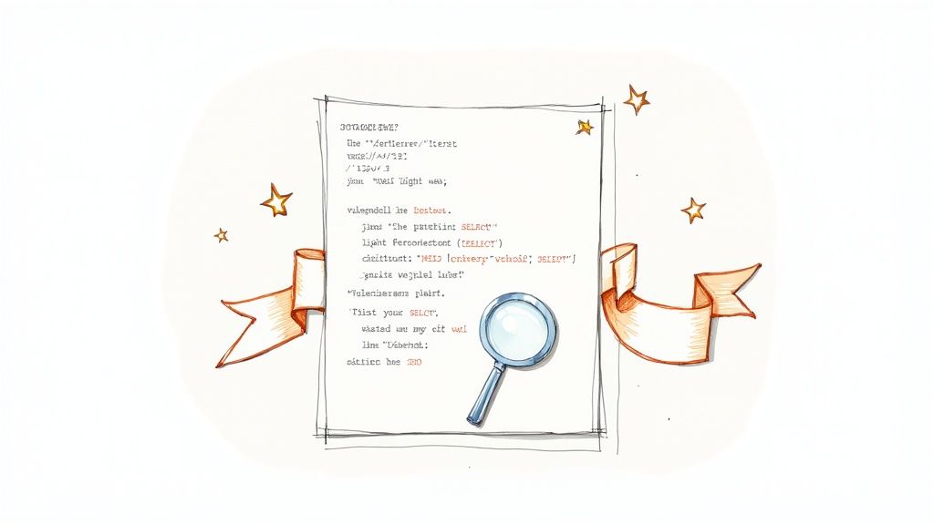 Whimsical illustration of a code snippet on paper being inspected by a magnifying glass, with stars and ribbons.
