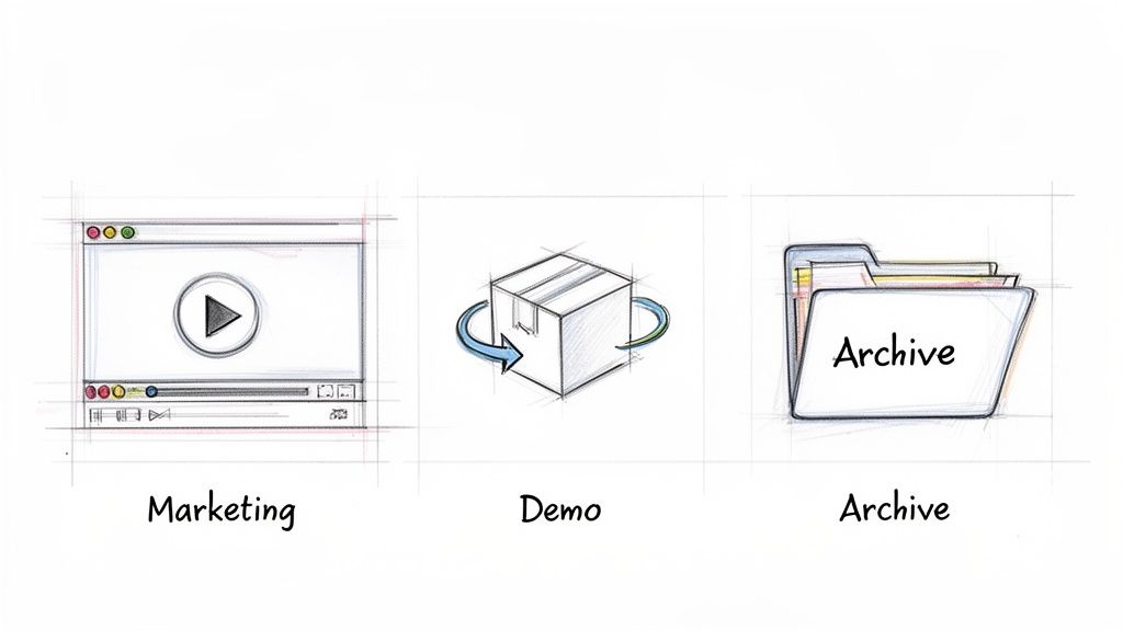 Sketched icons showing a video player for marketing, a box for demo, and a folder for archive.