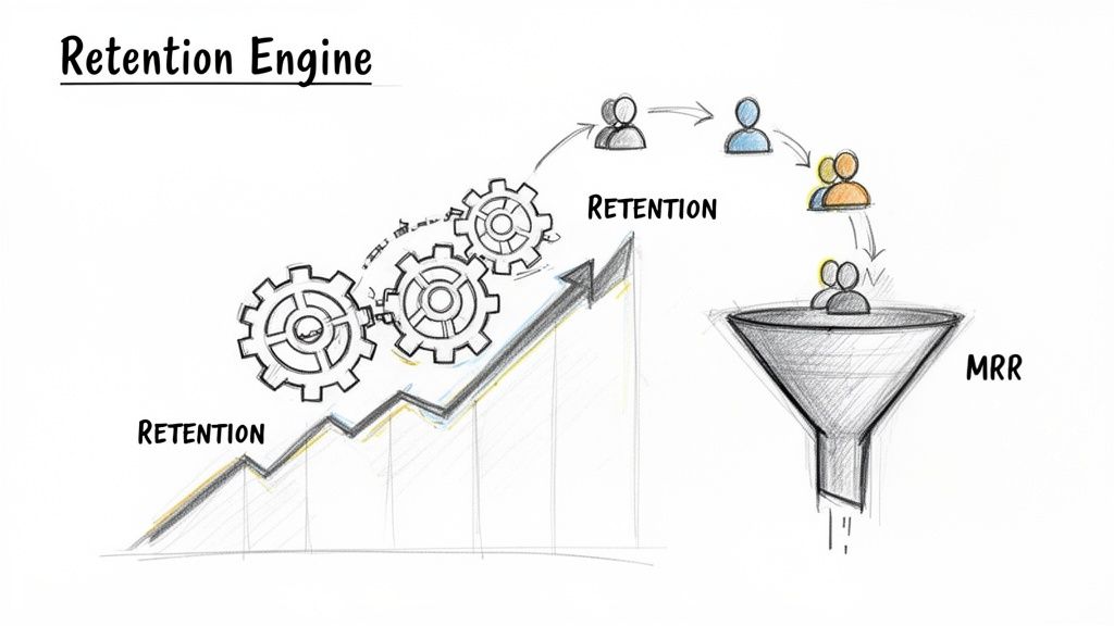 Sketch of a 'Retention Engine' showing gears, an upward retention graph, and customers flowing into an MRR funnel.