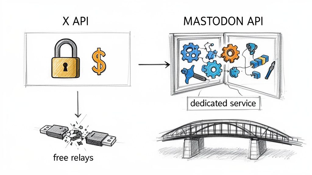 Diagram contrasting X API (locked, paid, broken free relays) with Mastodon API (dedicated service, bridge).