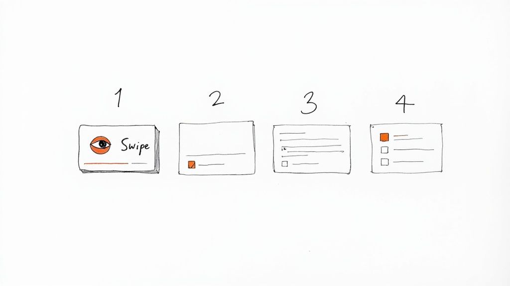 A four-step visual guide illustrating different card-based content types, from swiping to selection.