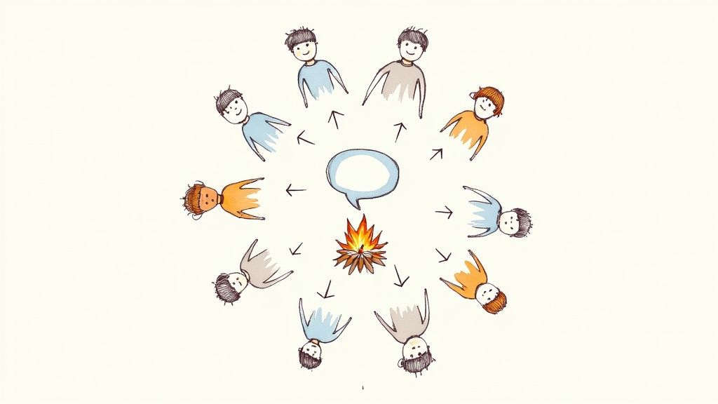 Illustration of diverse people in a circle engaging in group communication around a campfire.