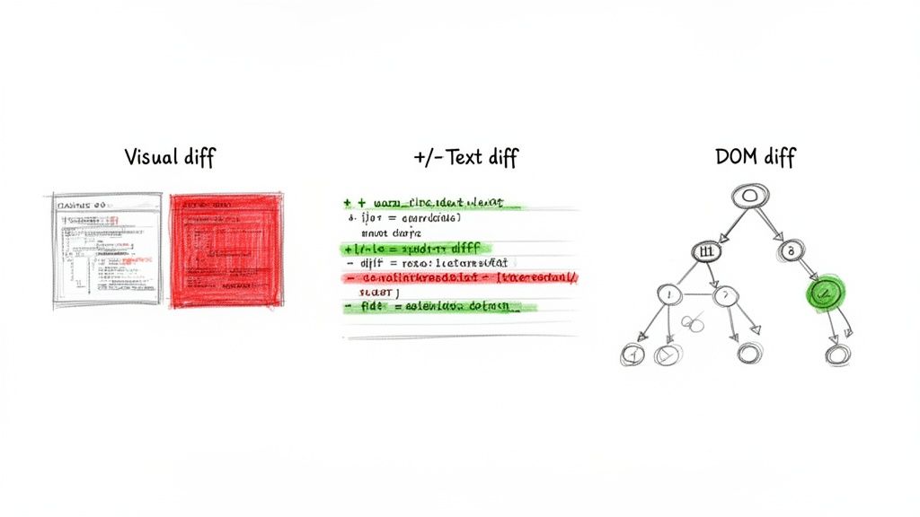 Diagram illustrating three methods for detecting changes: visual, text, and DOM diffs.