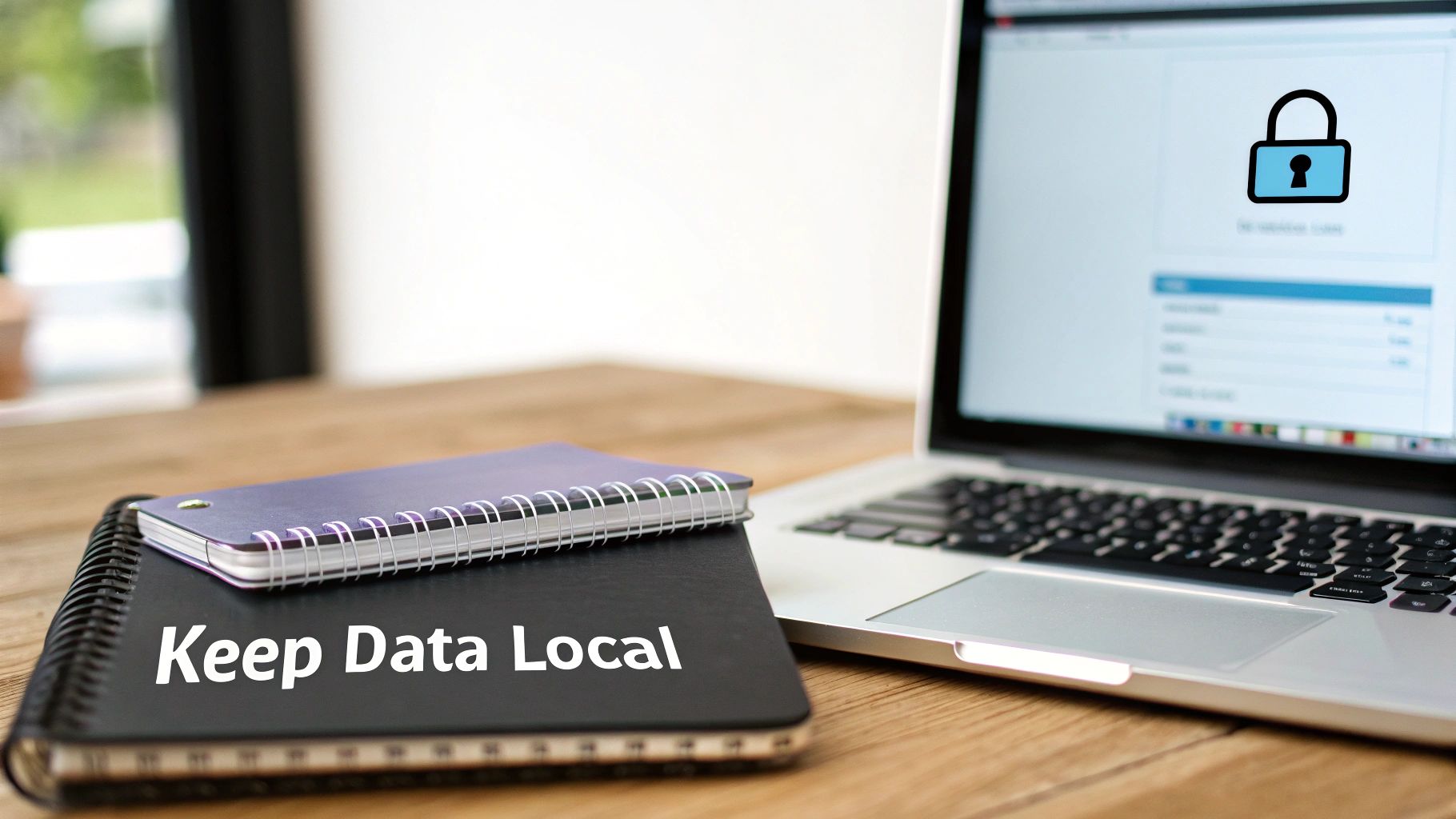A laptop displaying a lock icon next to notebooks with 'Keep Data Local' text on a wooden desk.