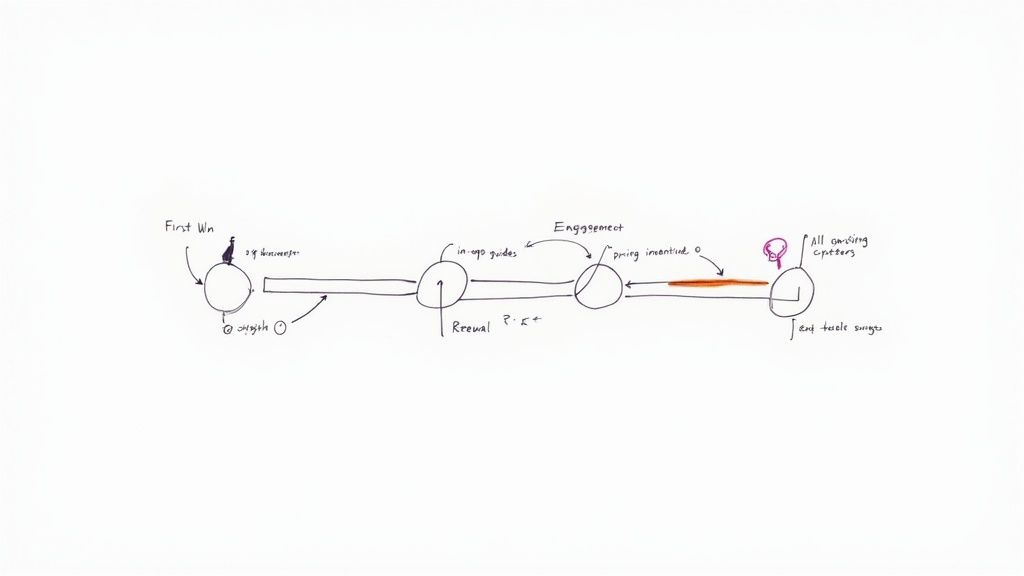 Hand-drawn diagram illustrating a SaaS customer lifecycle with first win, engagement, renewal, and incentives.