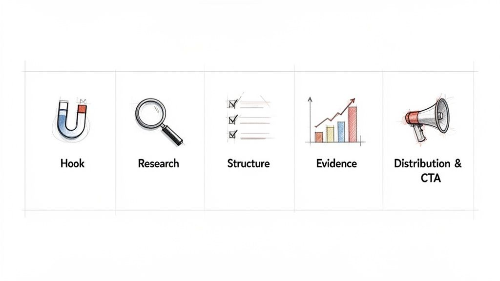 Five illustrated steps for content creation: Hook, Research, Structure, Evidence, Distribution & CTA.