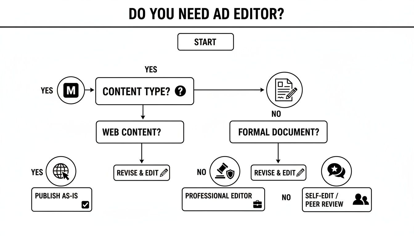 Flowchart illustrating the decision-making process for content editing, guiding users to review options.