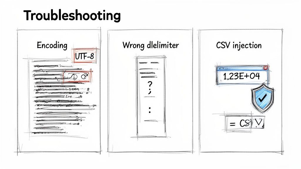 A diagram illustrating data troubleshooting steps for encoding, wrong delimiters, and CSV injection.