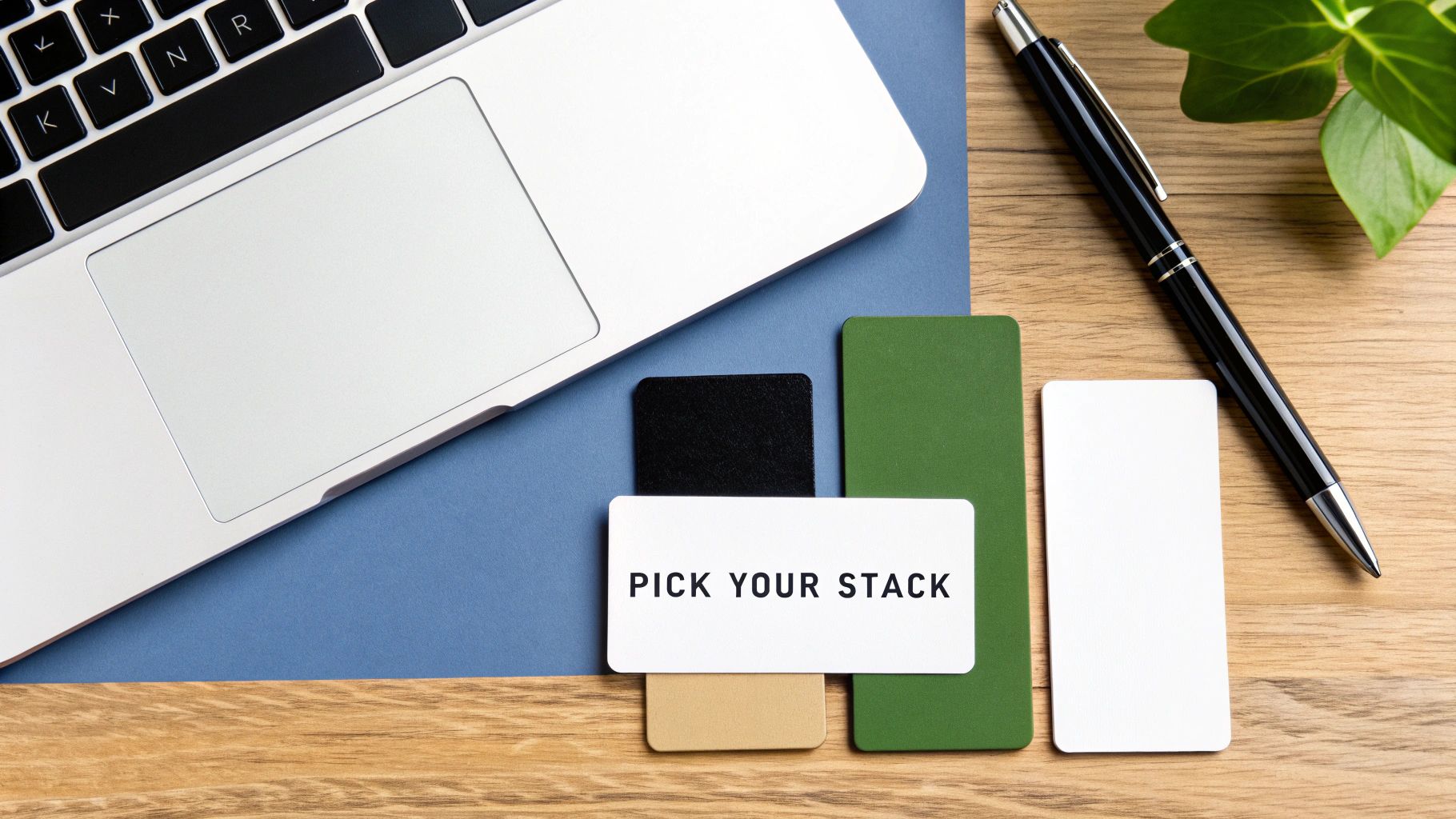 A flat lay of a modern workspace with a laptop, pen, and cards. One card says 'PICK YOUR STACK'.