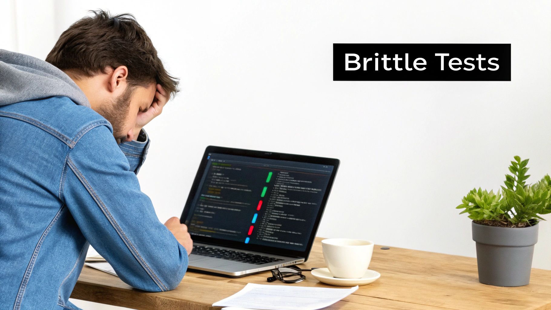 Stressed developer coding on a laptop, surrounded by coffee and a plant, with 'Brittle Tests' text.