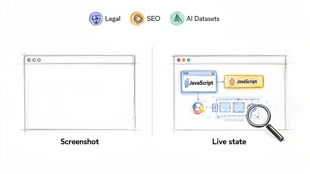 Illustrates a static webpage screenshot compared to a dynamic live state with JavaScript and data processing.