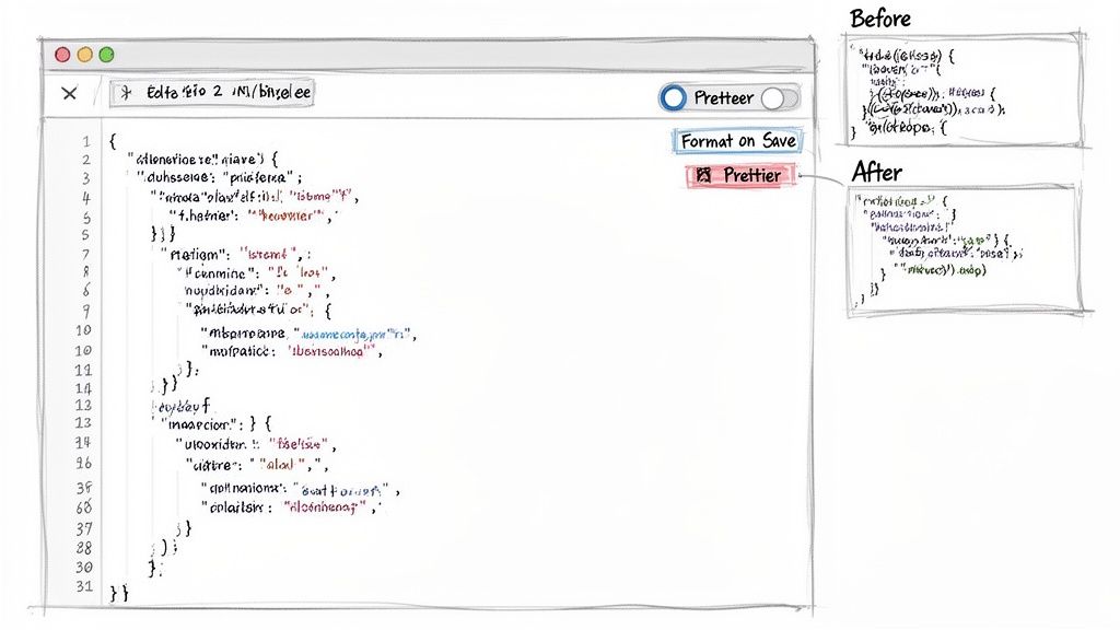 A code editor interface displaying JSON code, demonstrating formatting with 'Prettier' in 'Before' and 'After' sections.