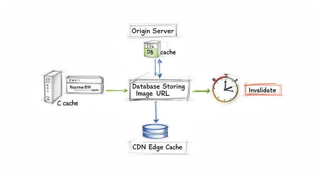 Data flow diagram illustrating image URL caching, origin server interaction, CDN, and invalidation process.