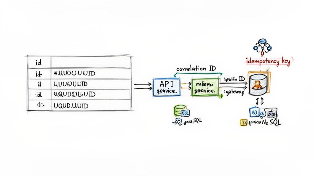 Technical diagram showing UUID processing from API to microservices, utilizing correlation IDs, idempotency, and databases.
