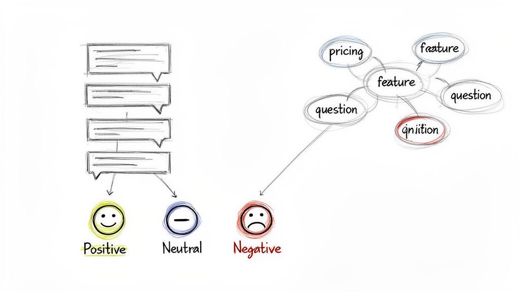 Diagram showing comment sentiment analysis with positive, neutral, negative categories, and a feature mind map.