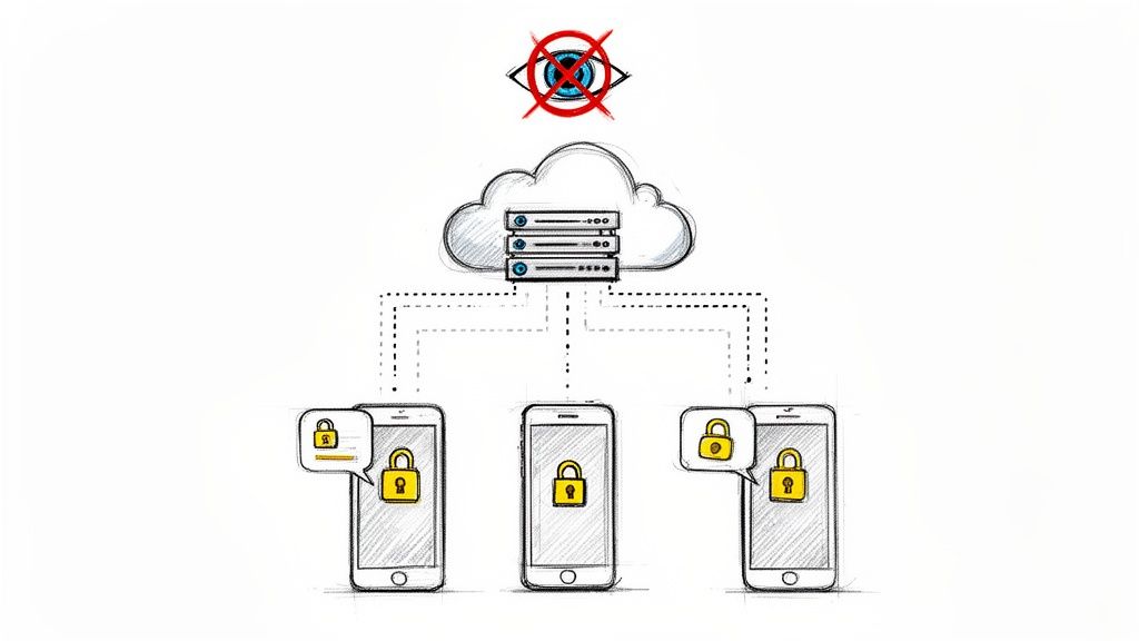 A sketch illustrating secure communication with end-to-end encryption, connecting cloud servers and mobile phones.