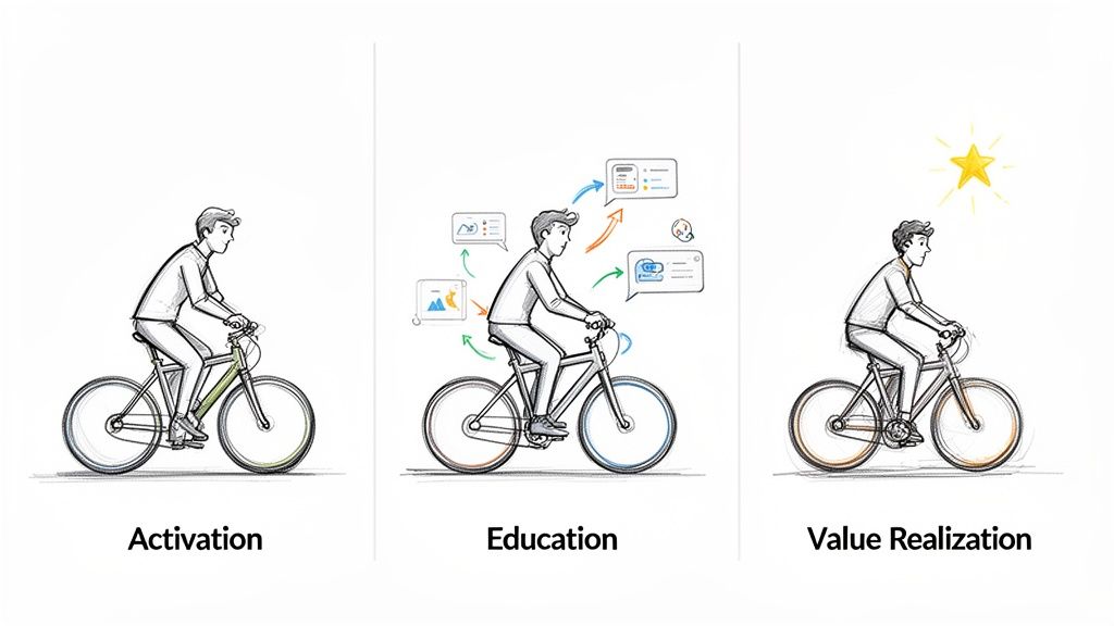 Illustration depicting three stages of customer journey: Activation, Education, and Value Realization, symbolized by a person on a bicycle.