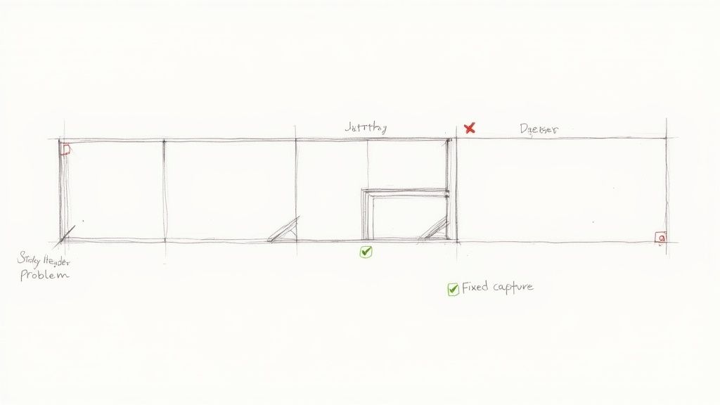 A hand-drawn sketch diagram illustrating a horizontal UI layout with sections, identifying a 'Sticky Header Problem' and a 'Fixed capture'.
