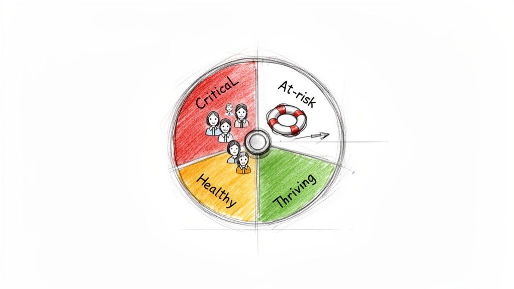 A diagram illustrating four customer segments: Critical, Healthy, Thriving, and At-risk with icons.