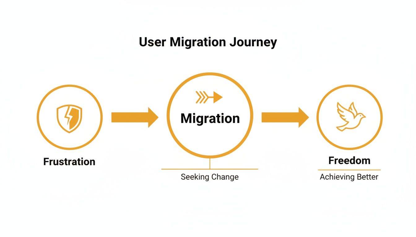 User migration journey diagram with stages: Frustration (broken shield), Migration (arrows), and Freedom (dove).