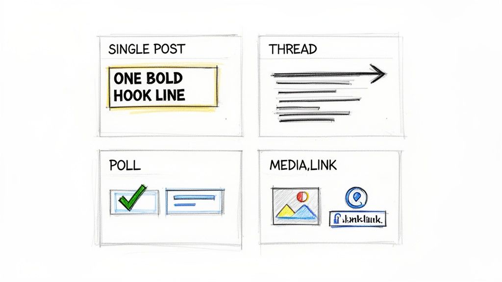 Sketched diagram illustrating four types of social media posts: single post, thread, poll, and media/link.