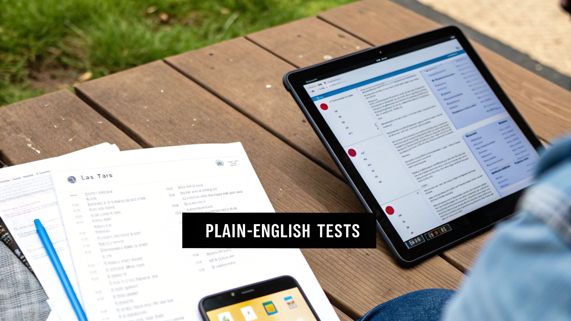 A person works outdoors, reviewing plain-English test documents on a tablet and paper.