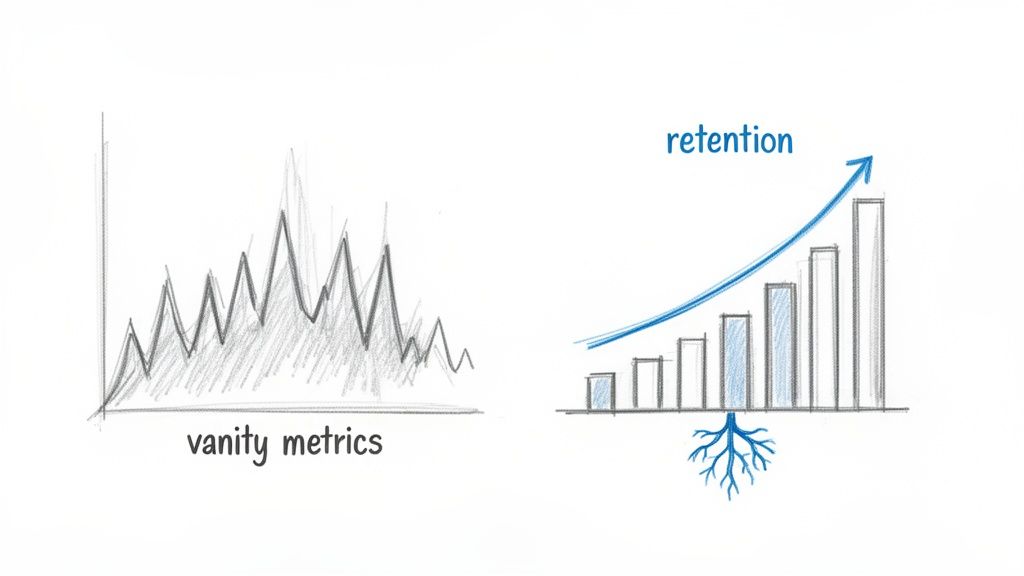 Two hand-drawn graphs contrast chaotic 'vanity metrics' with steady, foundational 'retention' growth.
