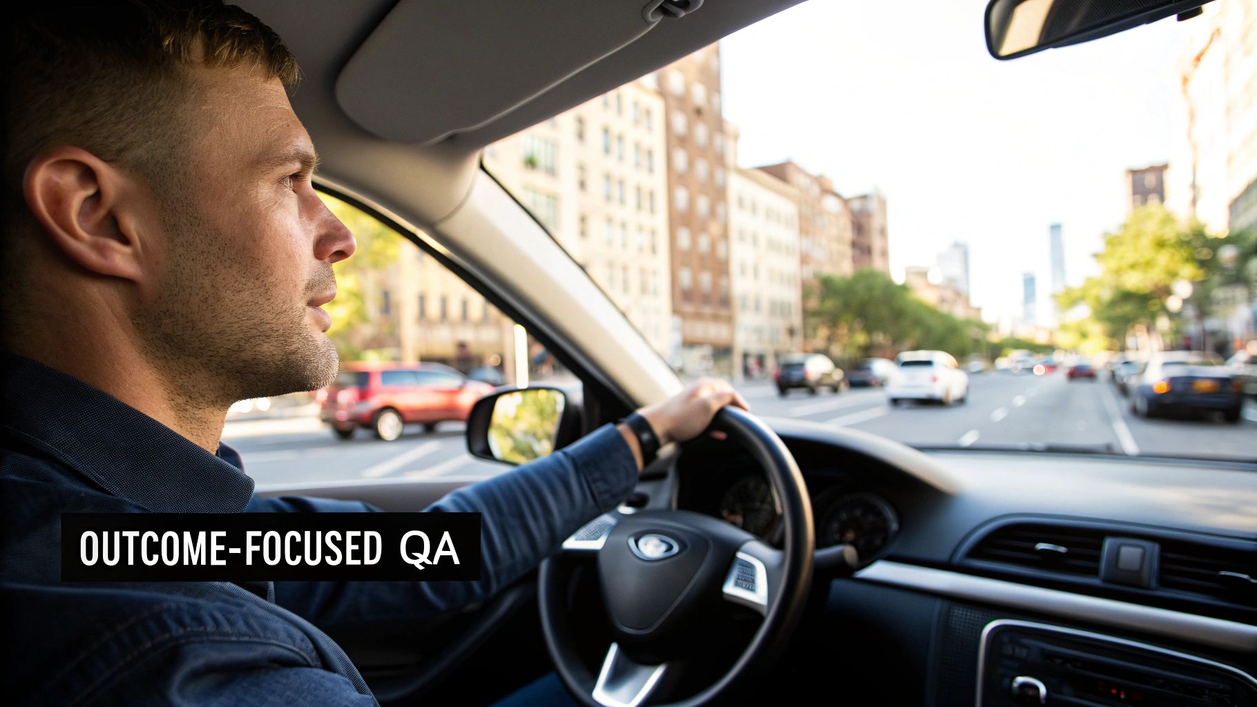 A focused man with a short beard driving a car in a city, looking at the road ahead.