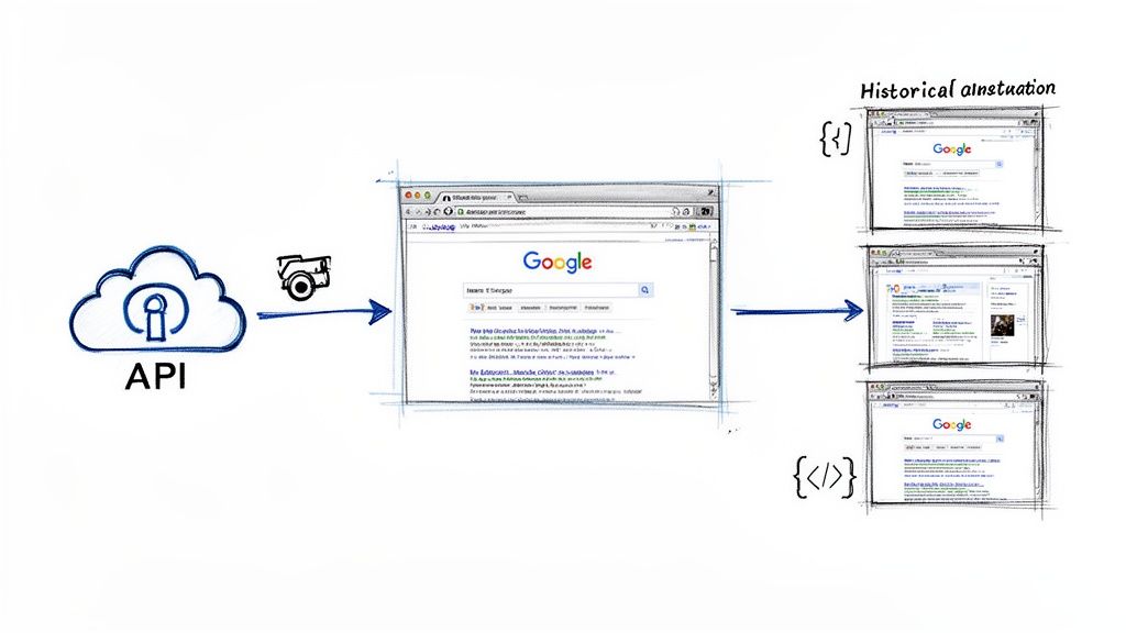 Diagram illustrating an API and web crawler capturing and displaying historical Google SERP data.