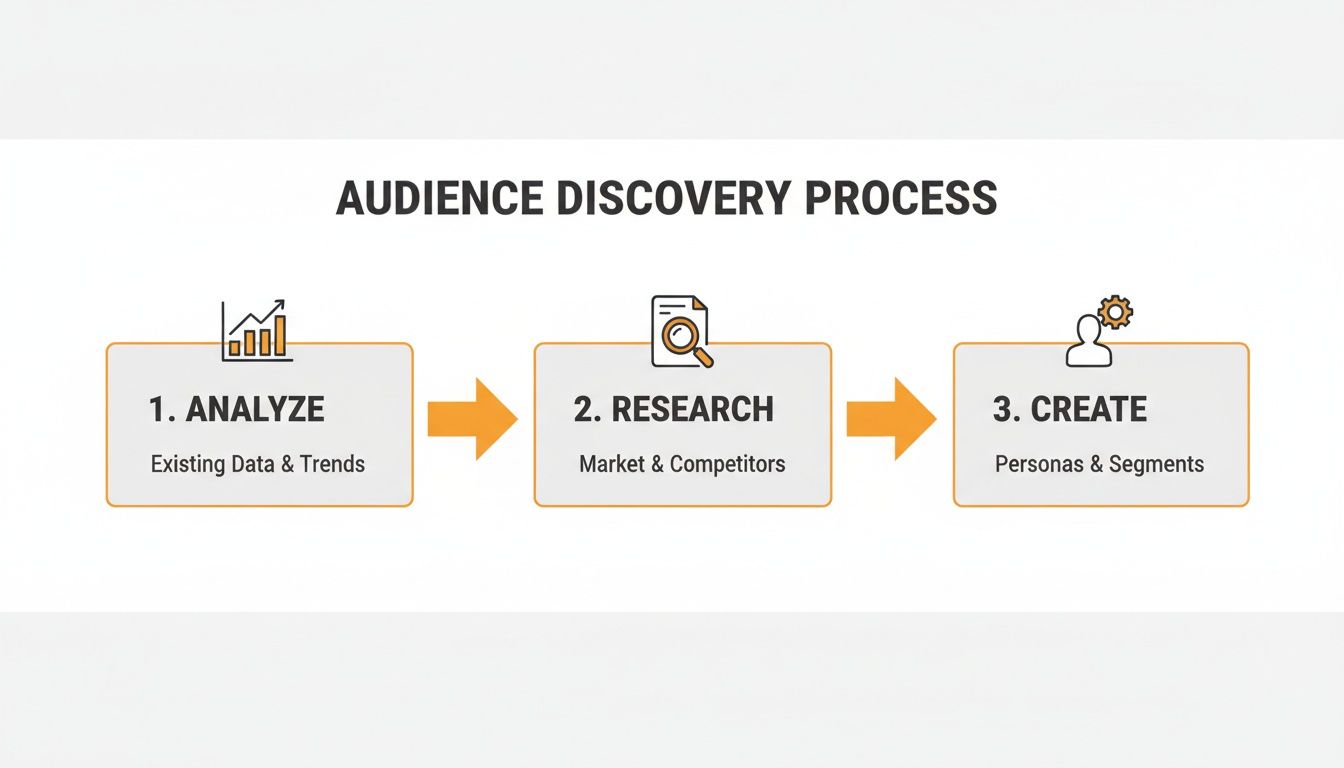 Visual guide to the audience discovery process showing steps: analyze, research, and create personas.