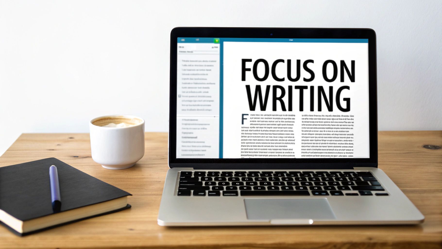 A laptop showing 'FOCUS ON WRITING' on its screen, a coffee cup, and a notebook with a pen on a wooden desk.
