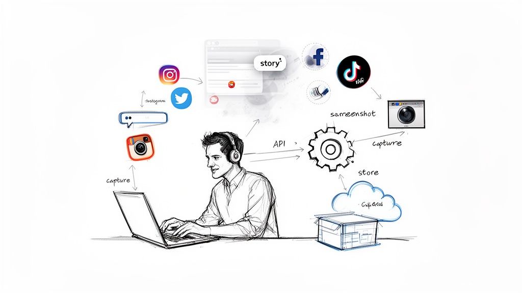 A person on a laptop capturing and archiving social media content to cloud storage.