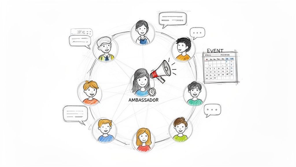 An ambassador with a megaphone connects with a diverse network of people around a calendar event.