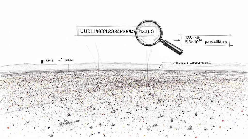 A drawing illustrates the immense possibilities of a 128-bit UUID, comparing its scale to grains of sand.