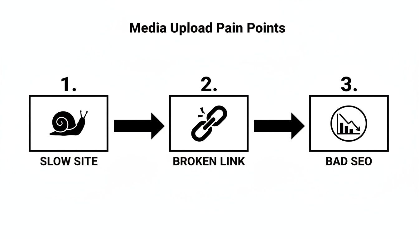 Flowchart illustrating media upload pain points: slow site, broken links, leading to bad SEO.