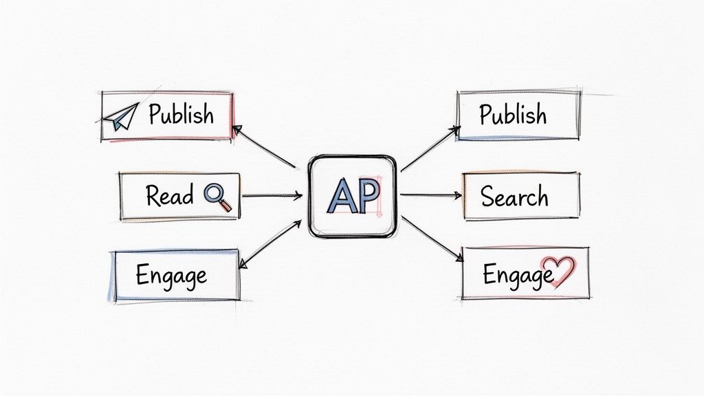 Hand-drawn diagram illustrating a central AP (API) connecting various actions like publish, read, search, and engage.