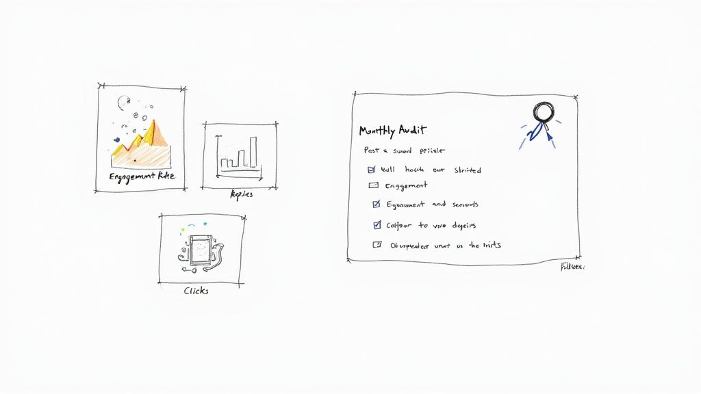 Hand-drawn sketch of a monthly audit checklist with engagement rate, topics, and clicks metrics.